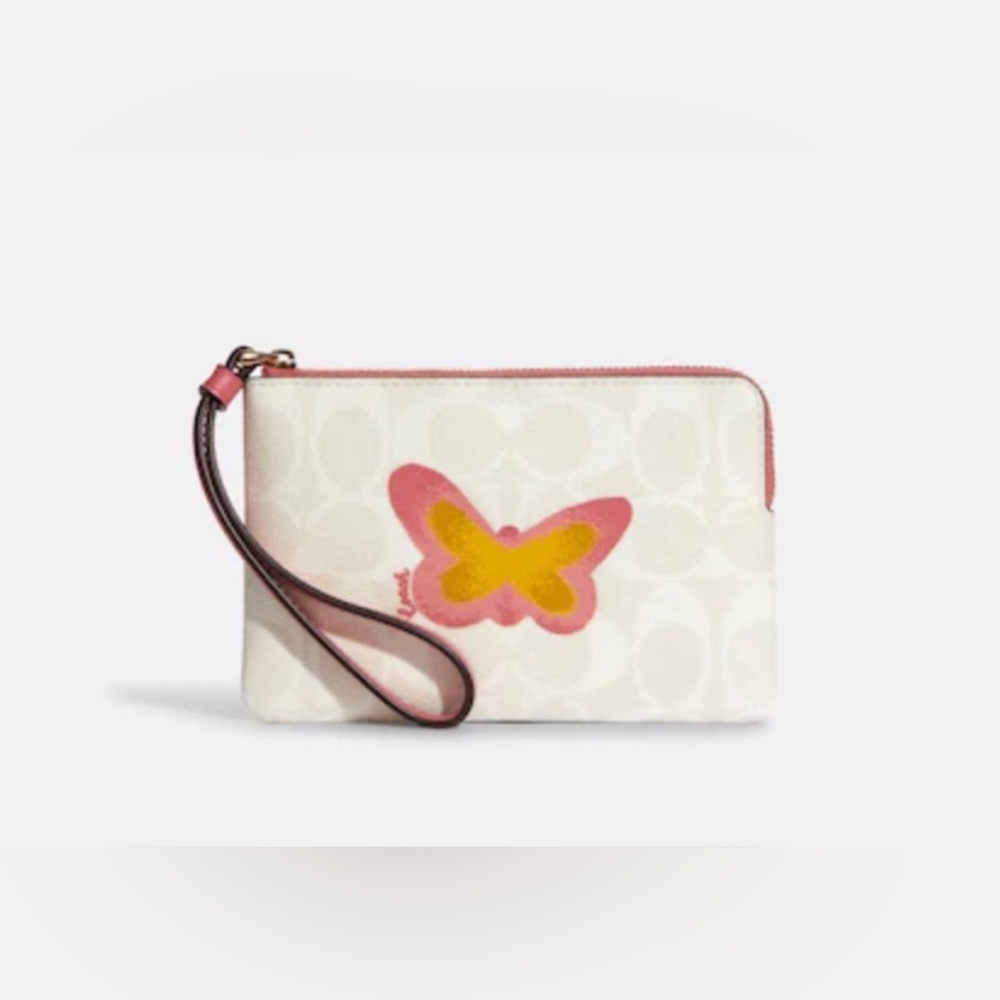 Coach Corner Zip Wristlet In Signature Canvas With Butterfly C9589